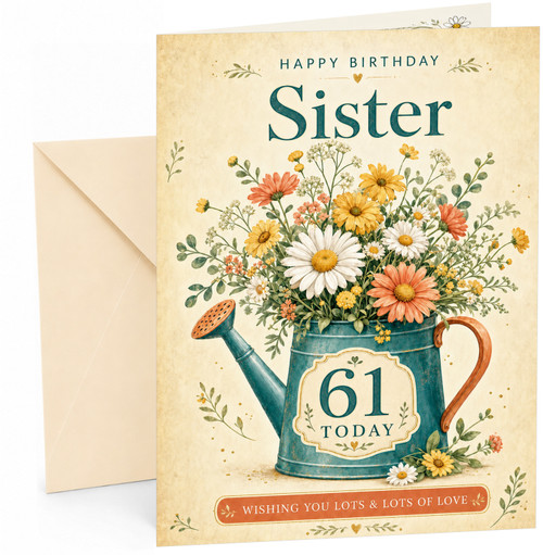Sister 61st Birthday Card Floral Watering Can Bouquet
