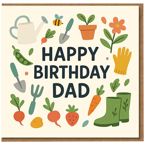 Happy Birthday Dad Gardening Card - Cute Garden Tools, Veg and Wellies Design for Dad, Perfect for Gardener or Allotment Lover Father