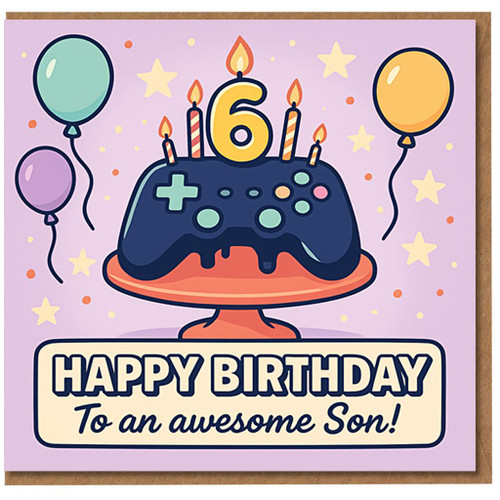 Son 6th Birthday Card - Gamer Controller Cake with Candles, Balloons and Stars - Happy Birthday To an Awesome Son - Fun Video Game Theme