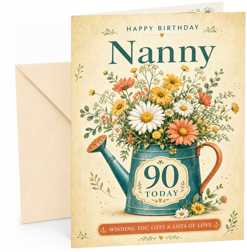 Nanny 90th Birthday Card Watering Can Daisy Bouquet
