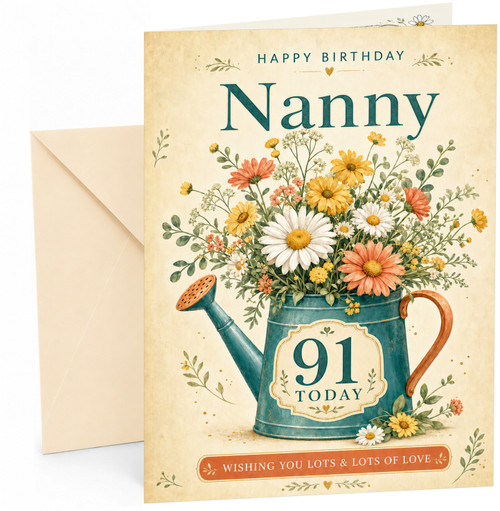 Nanny 91st Birthday Card Watering Can Flower Bouquet