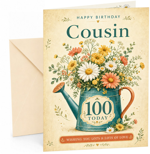 Cousin 100th Birthday Card Floral Watering Can Daisies