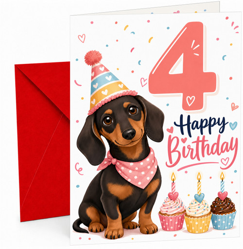 4th Birthday Card Cute Dachshund Puppy with Cupcakes