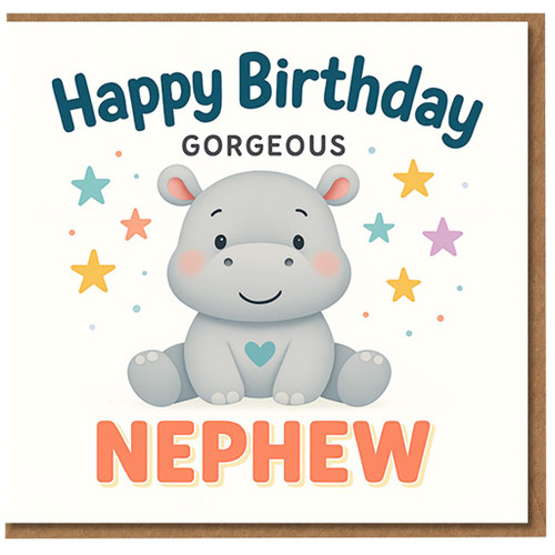 Happy Birthday Gorgeous Nephew Card - Cute Baby Hippo with Pastel Stars - Adorable Kids Birthday Card for Nephew