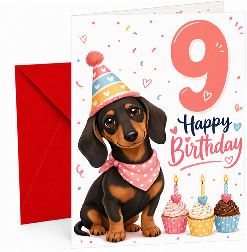 9th Birthday Card Cute Dachshund Puppy and Cupcakes