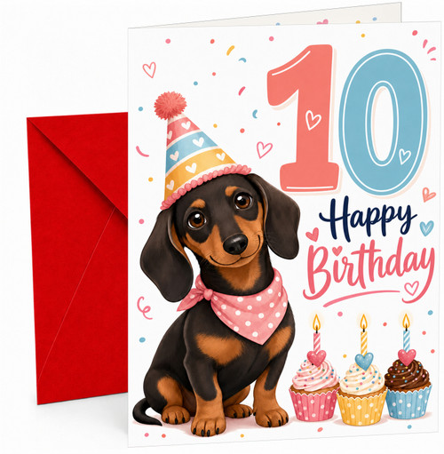 Age 10 Birthday Card Sausage Dog in Party Hat and Cupcakes