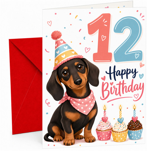 12th Birthday Card Cute Sausage Dog with Cupcakes