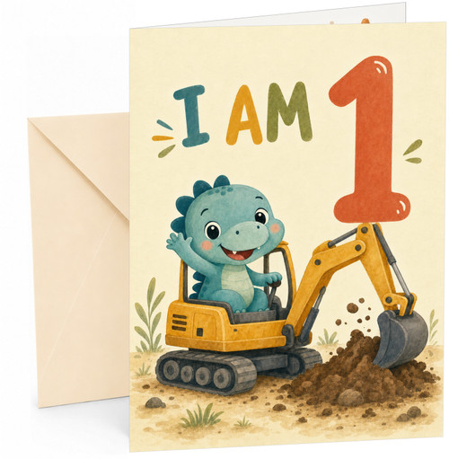 1st Birthday Card Cute Dinosaur Digger Excavator