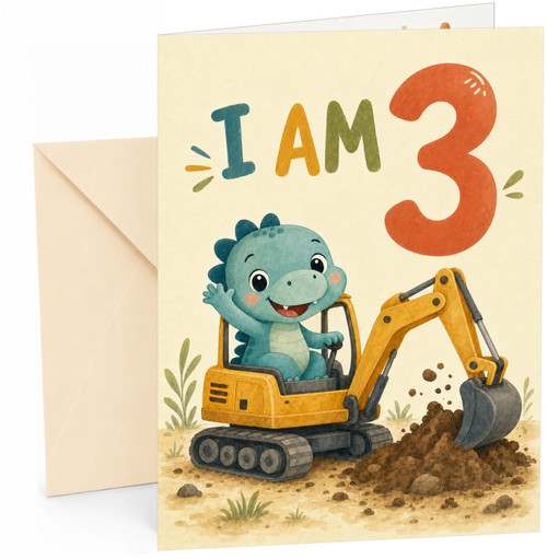 3rd Birthday Card Cute Dinosaur Digger Excavator