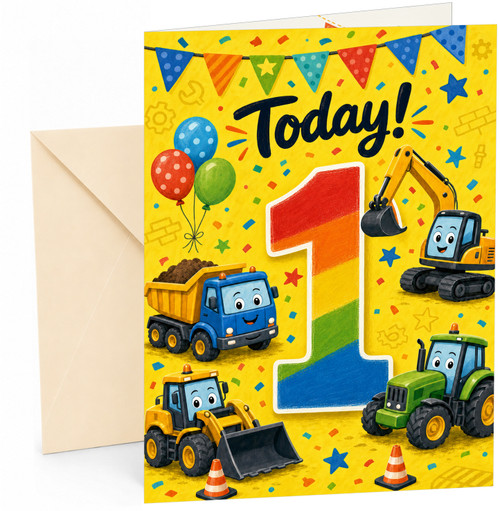 1st Birthday Card Construction Vehicles Rainbow Number 1