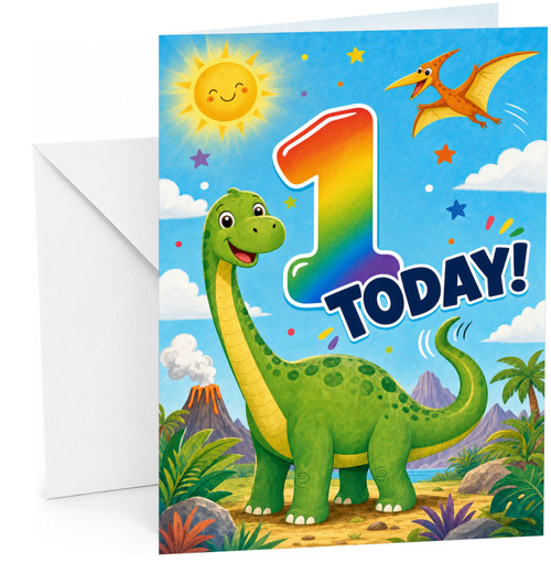 1st Birthday Card Rainbow Number 1 with Dinosaur
