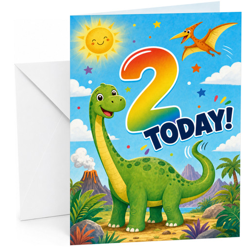 2nd Birthday Card Cute Dinosaur and Pterodactyl 2 Today