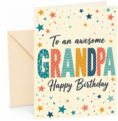 Grandpa Birthday Card Colourful Stars and Confetti Typography