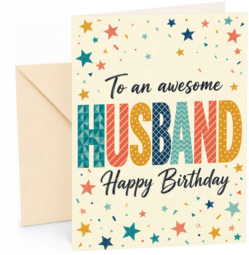 Husband Birthday Card Colourful Stars and Confetti Typography