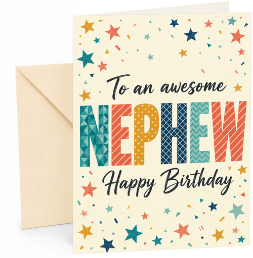 Nephew Birthday Card Colourful Stars and Confetti Typography
