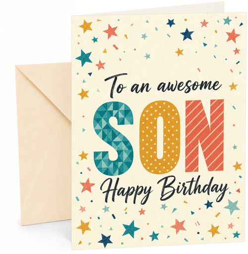 Son Birthday Card Colourful Stars and Confetti Typography