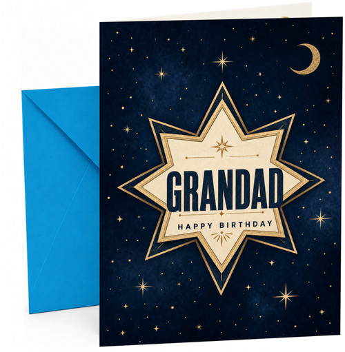 Grandad Birthday Card Starburst Badge on Night Sky with Moon