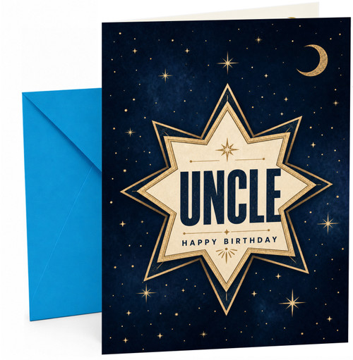 Uncle Birthday Card Starburst Badge on Night Sky with Moon