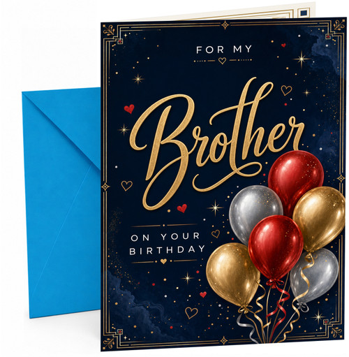 Brother Birthday Card Navy Night Sky Gold Script & Balloons