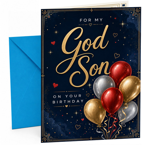 God Son Birthday Card Gold Script and Red Gold Balloons