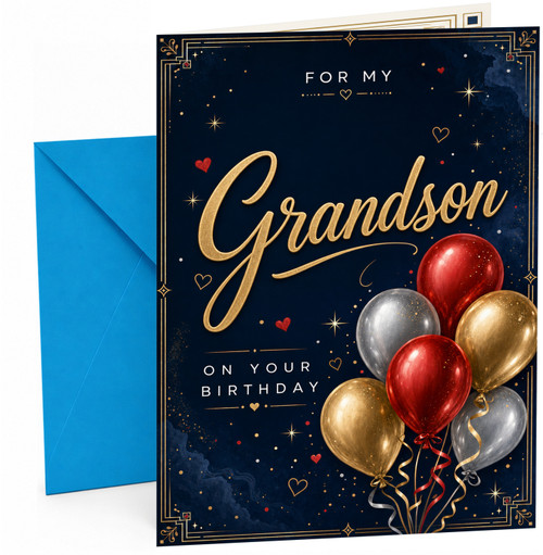 Grandson Birthday Card Gold Script on Navy with Balloons