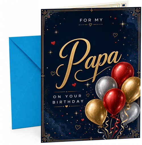 Papa Birthday Card Gold Script with Red Gold Silver Balloons