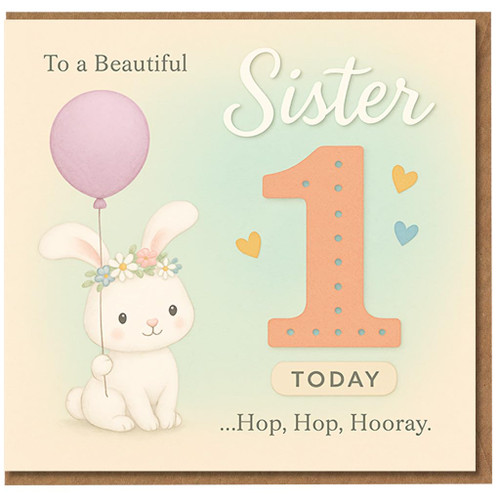 To a Beautiful Sister 1 Today First Birthday Card - Cute Bunny with Balloon and Hearts, ‘Hop, Hop, Hooray’