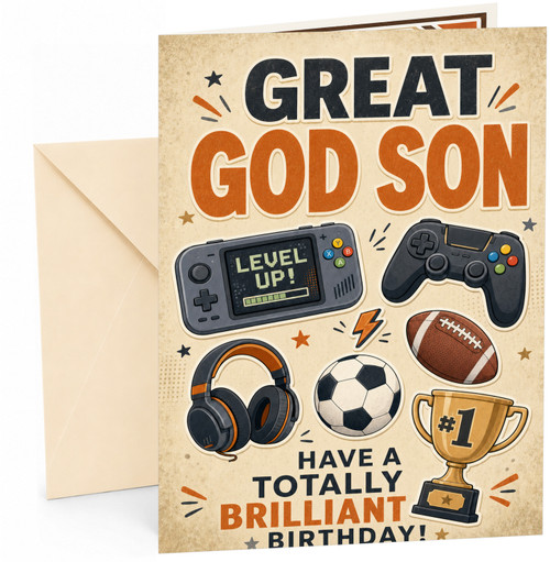 God Son Birthday Card Gaming Level Up and Football Trophy