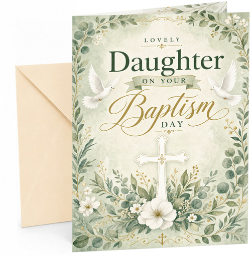 Daughter Birthday Card White Doves Cross and Floral Greenery
