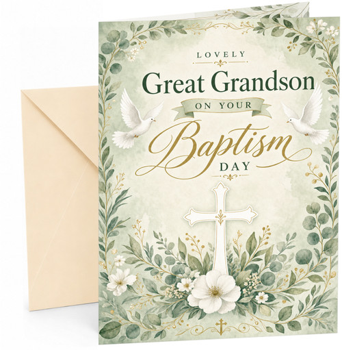 Great Grandson Birthday Card Dove and Cross Floral Greenery
