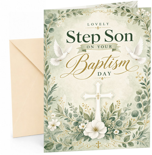 Step Son Birthday Card White Cross and Doves Floral Greenery