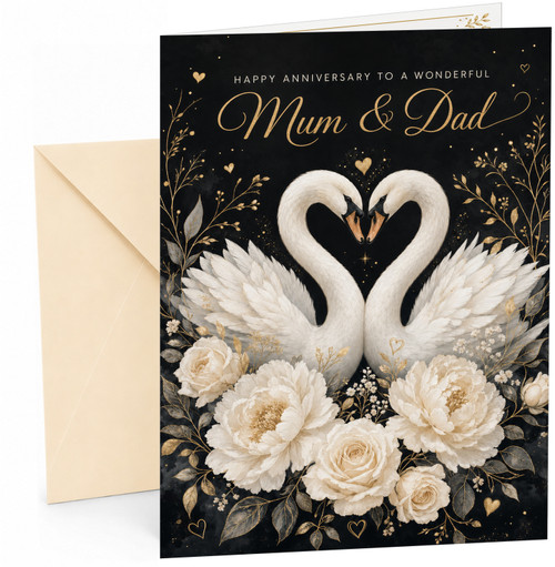 Mum & Dad Anniversary Card Elegant Swans Heart and White Roses