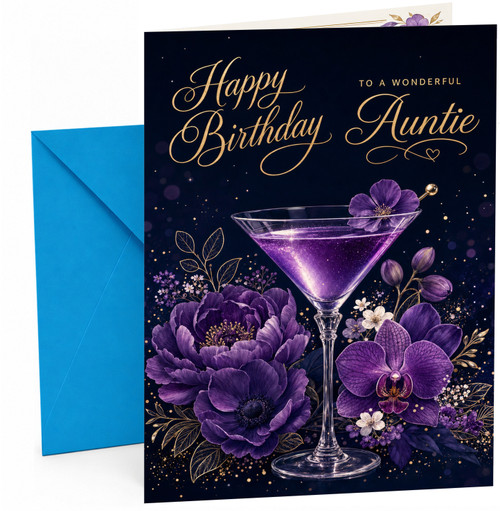 Auntie Birthday Card Purple Cocktail Martini Glass and Flowers