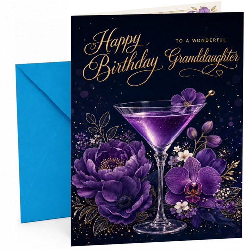 Granddaughter Birthday Card Purple Cocktail Glass and Flowers