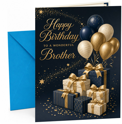 Brother Birthday Card, Navy & Gold Balloons and Gift Boxes