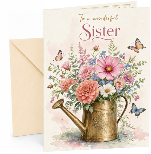 Sister Birthday Card Watercolour Flowers in Brass Watering Can