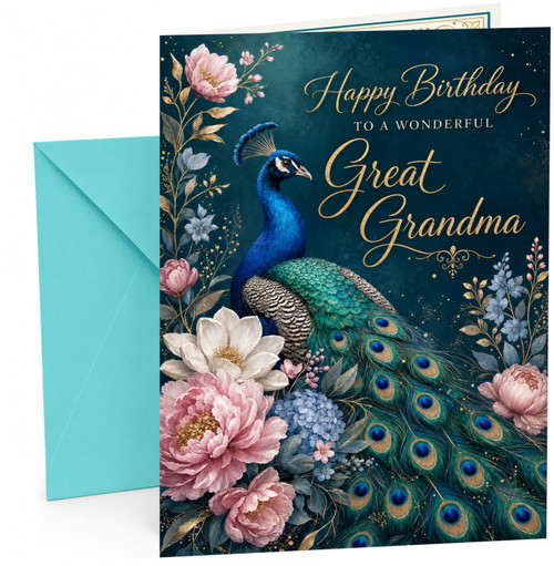 Great Grandma Birthday Card Peacock and Floral Illustration