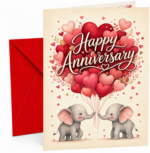 Happy Anniversary Card Elephant Couple Heart Balloons