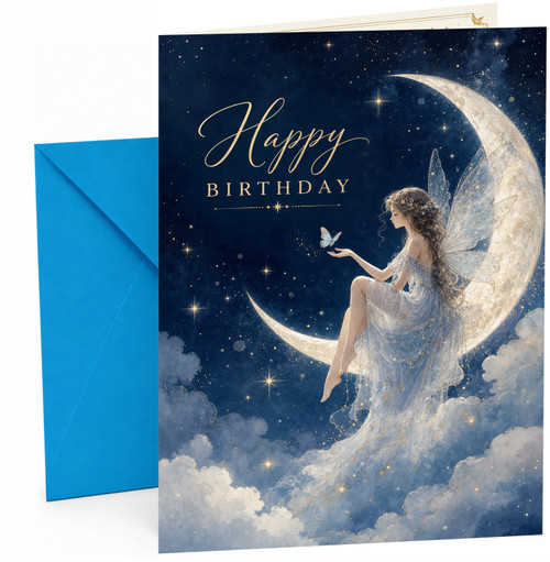 Birthday Card Fairy on Crescent Moon with Butterfly Stars