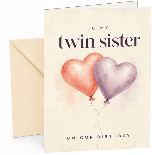 Twin Sister Birthday Card Watercolour Heart Balloon Pair