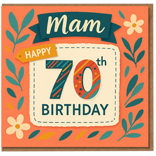 Mam 70th Birthday Card - Colourful Striped 70, Floral Leaves on Coral, Happy 70th Birthday Mam Milestone