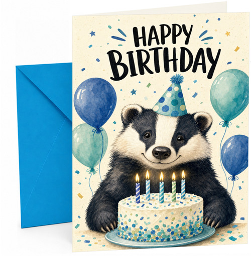 Happy Birthday Card Badger with Cake, Balloons and Party Hat