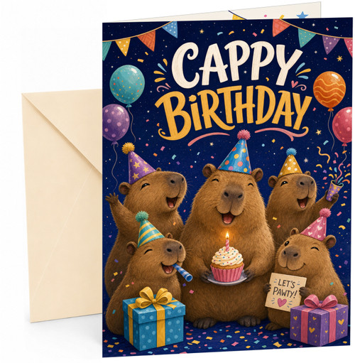 Happy Birthday Card Capybara Party Hats Cupcake and Balloons