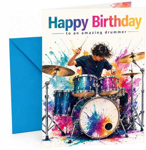 Birthday Card for Drummer Colour Splash Drum Kit Illustration