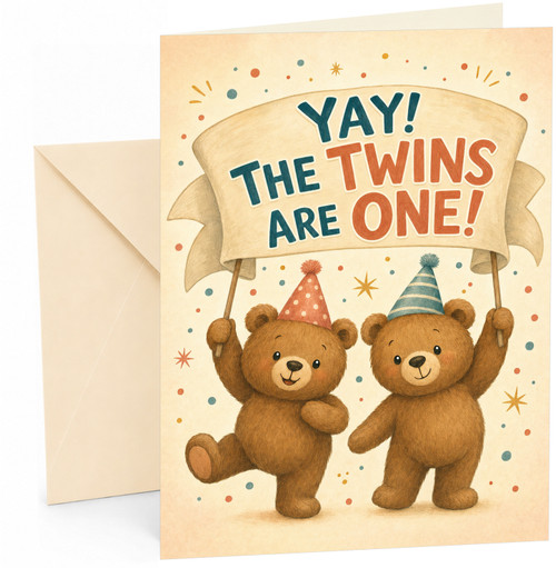 Twins 1st Birthday Card Cute Teddy Bears Party Hats Banner