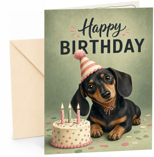 Happy Birthday Card Cute Dachshund Puppy in Party Hat and Cake