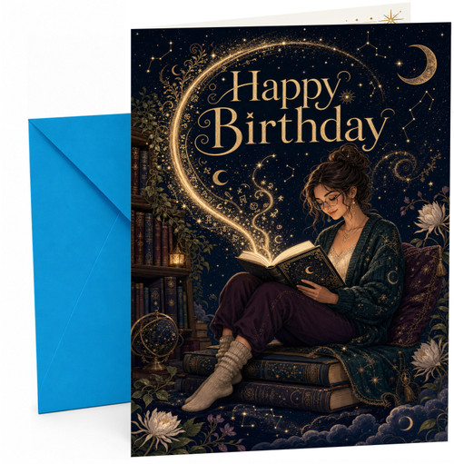 Happy Birthday Card Magical Book and Stars Reading Girl