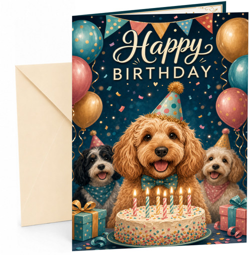 Happy Birthday Card Cute Dogs Party Hats Cake and Balloons