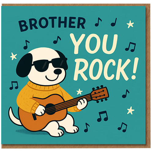 Brother You Rock Guitar Dog Birthday Card - Cute Music Theme with Sunglasses Pup, Fun Brother Greeting