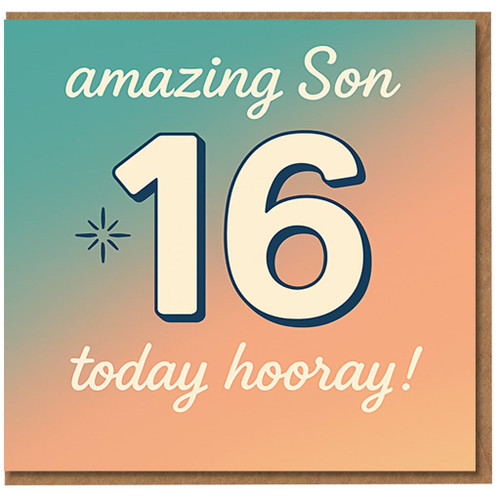 Son 16th Birthday Card - Amazing Son 16 Today Hooray - Bold Number Sixteen Teen Boy Birthday Card